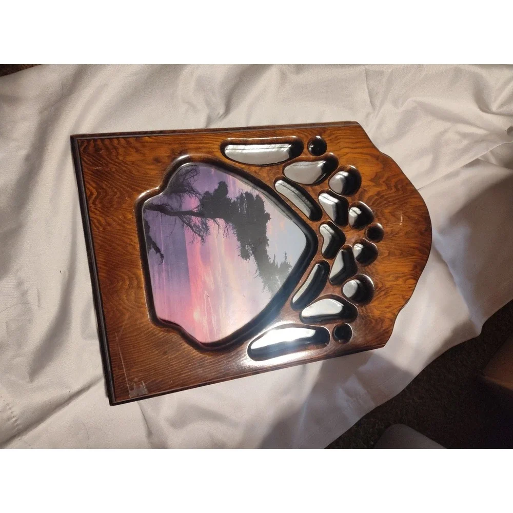 Handmade Wall Hanging With Mirror And Pict Of A Sunset. Shaped Like A Bear Paw